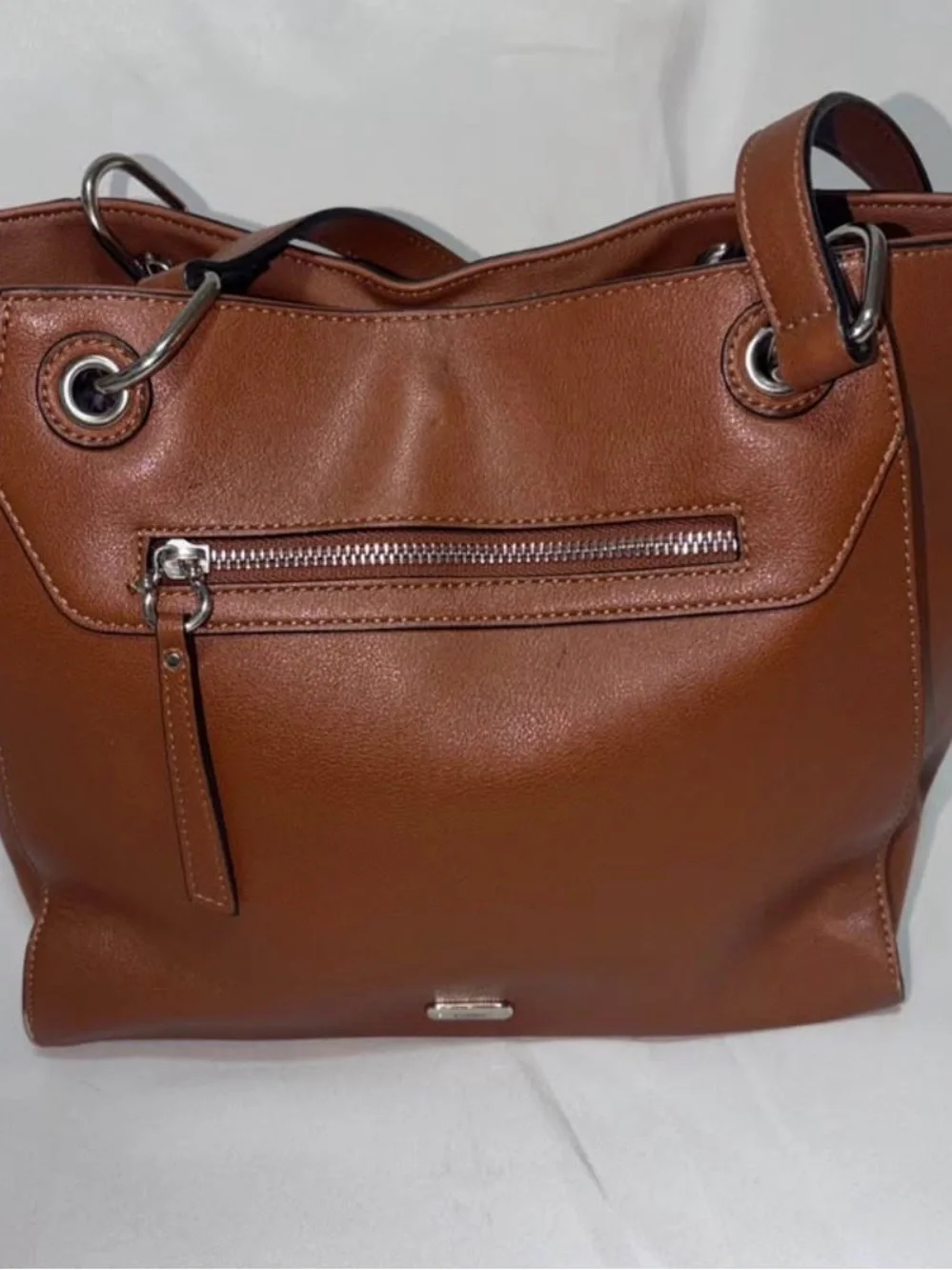 Chaps Brown Faux Leather Tote with Front Zip Pocket